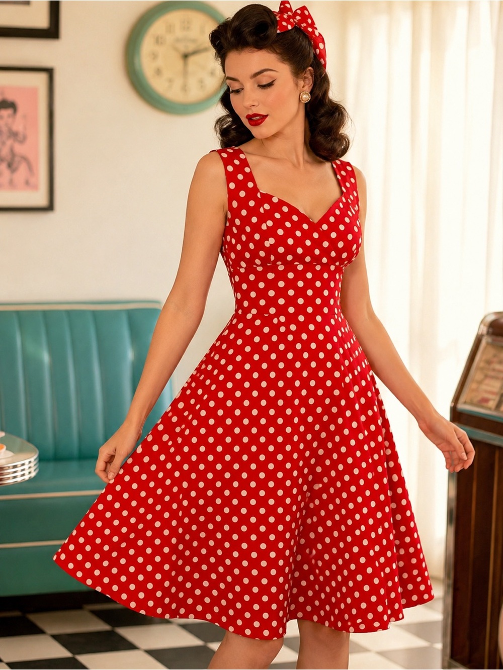 Rockabilly Pinup Polka Dot Swing Dress Retro Sweetheart Midi US S